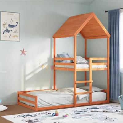 Kinderbed met huisje massief grenenhout wasbruin 80x200 cm