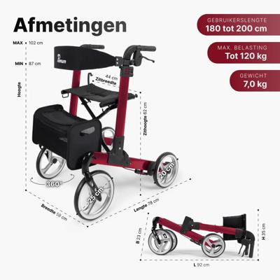 Parvum Luxo Rollator - Luxe dubbel opvouwbare rollator (6,9kg)-Red
