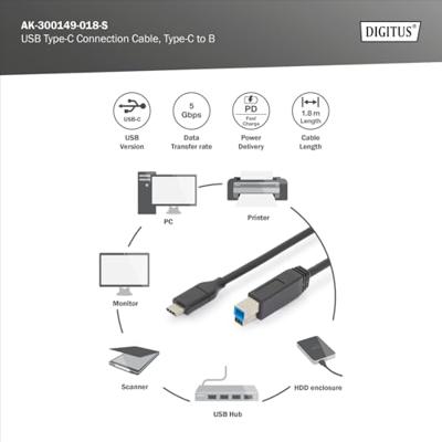 Digitus USB-kabel USB 3.2 Gen1 (USB 3.0 / USB 3.1 Gen1) USB-C stekker, USB-B stekker 1.80 m Zwart Afgeschermd (dubbel) AK-300149-018-S