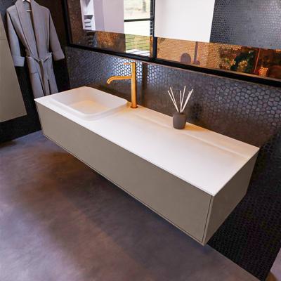 Badkamermeubelset Mondiaz Erin 150 cm met 1 Lade met RIDGE Wastafel Links Talc met 1 kraangat Greeploos Mat Smoke