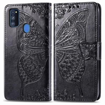 Voor Galaxy M30s Butterfly Love Flower reliëf horizontale Flip lederen draagtas met beugel Lanyard Card slot portemonnee (zwart)