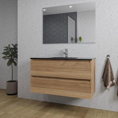 Saniclass Chaci Badkamermeubelset - 100x46x55cm - keramische wastafel zwart - 1 wasbak - 1 kraangat - 2 lades - rechthoekige spiegel - eiken SW1212774/SW761656/SW724612 Saniclass Chaci Badkamermeubelset - 100x46x55cm - keramische wastafel zwart - 1 wasbak - 1 kraangat - 2 lades - rechthoekige spiegel - eiken SW1212774/SW761656/SW724612