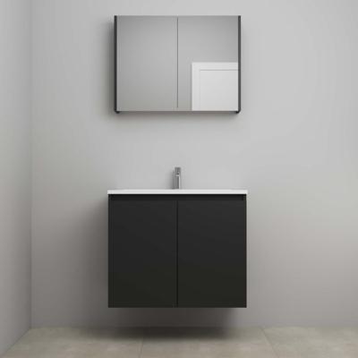 On-Line Badkamermeubelset - 80 cm - Voorgemonteerd - Greeploos 2 Deuren - Acryl Wastafel - 1 Kraangat - Spiegelkast - Mat Zwart