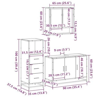 3-delige Badkamermeubelset bewerkt hout gerookt eikenkleurig