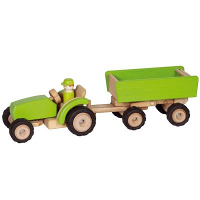 Goki houten tractor groen met aanhanger