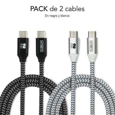 SUBBLIM USB type C-kabel, USB A, snel opladen, 3,0 A, dubbele, gevlochten nylon kabel, 1 m, gegevenssynchronisatie, organizer, zwart/wit, 2 stuks