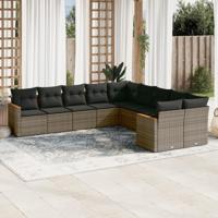 10-delige Loungeset met kussens poly rattan grijs - thumbnail