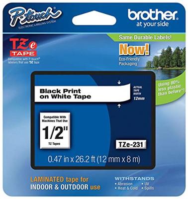 Labeltape Brother P-touch TZe-231 standaard 12mm zwart op wit | 25 stuks