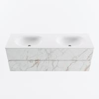 MONDIAZ VICA 140cm badmeubel onderkast Carrara 2 lades. Wastafel MOON dubbel 2 kraangaten, kleur Talc. - thumbnail