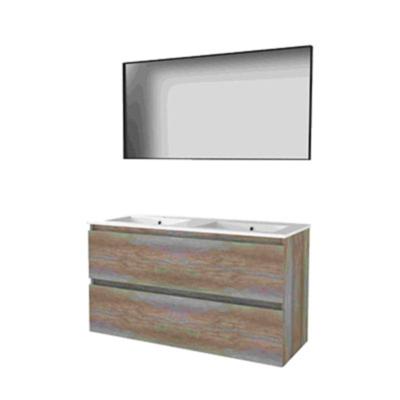 Basic-Line Framed 46 Badkamermeubelset - 120 x 46 cm - Greeploos - 2 Lades - Keramische Wastafel - 2 Kraangaten - Spiegel met Zwart Aluminium Frame - Scotch Oak