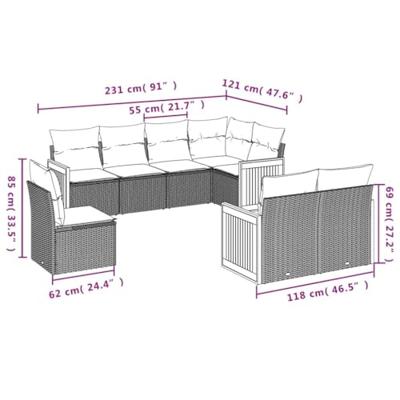 8-delige Loungeset met kussens poly rattan zwart