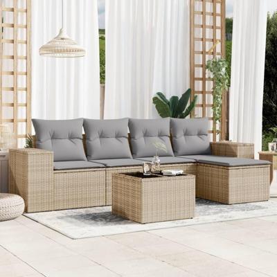6-delige Loungeset met kussens poly rattan beige