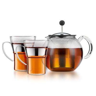 Theepot met pers - BODUM - ASSAM SET - 1,0 l met deksel, roestvrijstalen filter + 2 glazen bekers met roestvrijstalen handgrepen 0,35 l