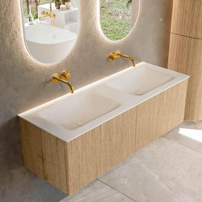 Mondiaz KURVE 130 cm Onderkast Greeploos 2 Lades Zonder Deuren Oak, Wastafel Solid Surface Dubbel Talc 0 Kraangaten Zonder Spiegel (KRVCLO1302L0D0KD-Oak/Tal)