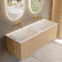Mondiaz KURVE 130 cm Onderkast Greeploos 2 Lades Zonder Deuren Oak, Wastafel Solid Surface Dubbel Talc 0 Kraangaten Zonder Spiegel (KRVCLO1302L0D0KD-Oak/Tal) - thumbnail