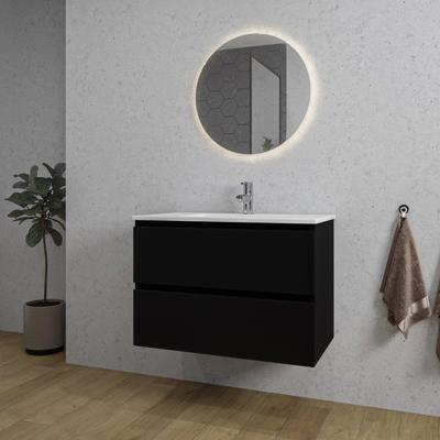 Adema Chaci Badkamermeubelset - 80x46x55cm - 1 keramische wasbak wit - 1 kraangat - 2 lades - ronde spiegel met verlichting - mat zwart SW1212768/SW804531/SW108328