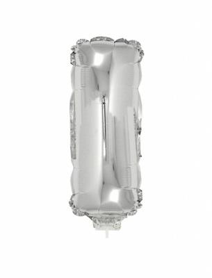 Folieballon zilver letter &apos;I&apos; met rietje