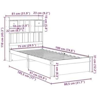 Bed met boekenkast zonder matras massief grenenhout 75x190 cm
