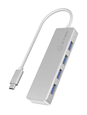 ICY BOX 4-voudige USB-C-hub met 4 x USB 3.0, USB 3.0-aansluiting, aluminium, geïntegreerde kabel, zilver/wit.