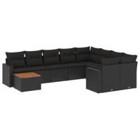 10-delige Loungeset met kussens poly rattan zwart - thumbnail