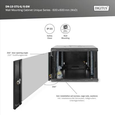 Digitus DN-19 07U-6/6-SW 19inch-wandkast (b x h x d) 600 x 420 x 600 mm 7 HE Zwart, Zwart (RAL 9005)