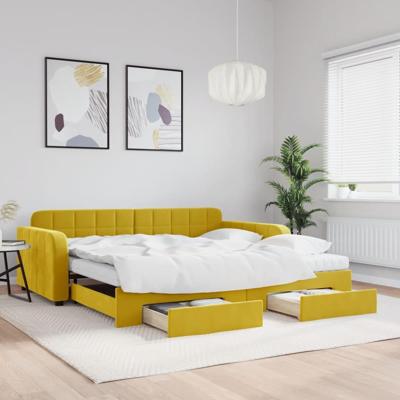 Slaapbank met onderschuifbed en lades 100x200 cm fluweel geel
