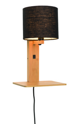 GOOD&MOJO Wandlamp 'Andes' Bamboe en Eco linnen, Met plank, kleur Zwart/Naturel
