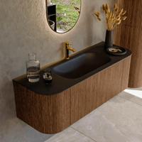 Mondiaz KURVE 130 cm Onderkast Greeploos 1 Lade Met Deuren Walnut, Wastafel Solid Surface Midden Urban 1 Kraangat Zonder Spiegel (KRVBGS130L+R1L2D1KM-Wal/Urb) - thumbnail