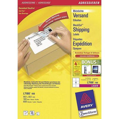 Avery L7166, Verzendetiketten, Laser, Ultragrip, wit, 100 vellen, 6 per vel, 99,1 x 93,1 mm