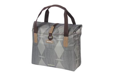 Basil elegance fietsshopper, green pet, waterkerende vouwsluiting, gepolsterde hand/schouderbanden, 20-26l, taupe