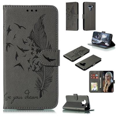 Feather patroon Litchi textuur horizontale Flip lederen draagtas met portemonnee & houder & kaartsleuven voor LG K50 (grijs) Feather patroon Litchi textuur horizontale Flip lederen draagtas met portemonnee & houder & kaartsleuven voor LG K50 (grijs)