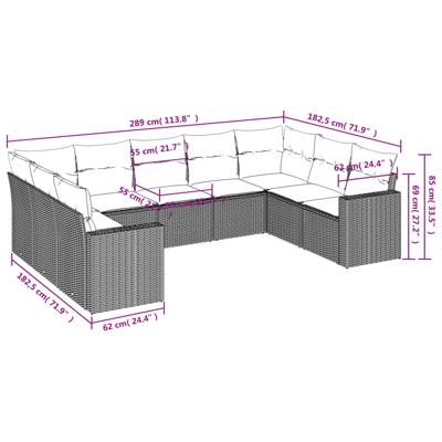 10-delige Loungeset met kussens poly rattan zwart