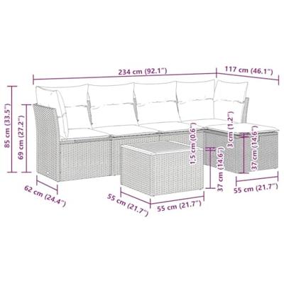 6-delige Loungeset met kussens poly rattan grijs