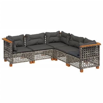 5-delige Loungeset met kussens poly rattan grijs - thumbnail