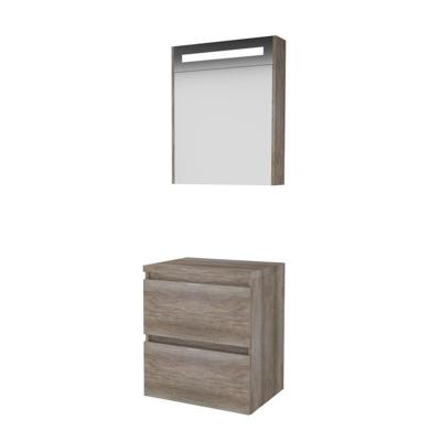 Basic-Line Premium 46 Badkamermeubelset - 60 x 46 cm - Greeploos - 2 Lades - Wastafelblad - Spiegelkast met LED Verlichting - Scotch Oak