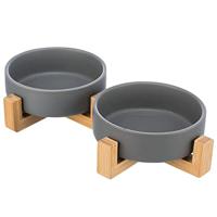 TRIXIE VOERBAK DRINKBAK SET KERAMIEK GRIJS / HOUT 31X16X6 CM 2X300 ML - thumbnail