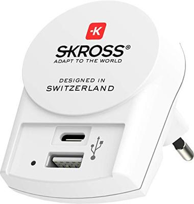 Skross Europa 1x USB + 1x USB-C Wereldstekker Wit