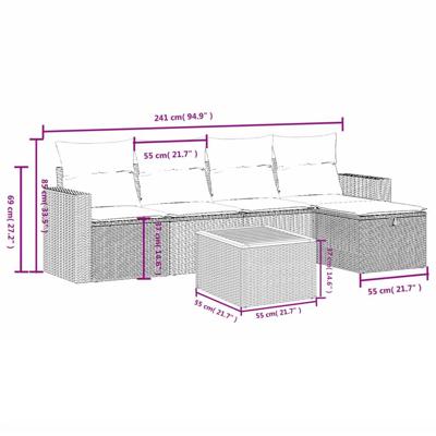 6-delige Loungeset met kussens poly rattan grijs - thumbnail
