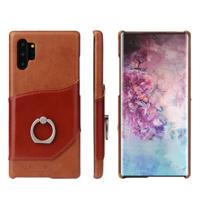 Fierre Shann olie Wax textuur echt leder terug Cover Case met 360 graden rotatie houder & kaartsleuf voor Galaxy Note 10 + (Brown) - thumbnail