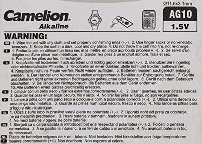Camelion 12050210 - Alkaline knoopcelbatterij zonder kwik AG10/LR54/LR1131/389 met 1,5 volt, set van 2, capaciteit 78 mAh