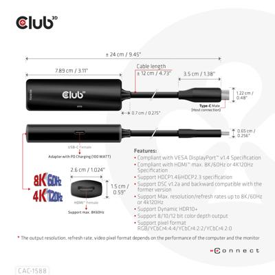 club3D USB 2.0 Adapter [1x USB-C stekker - 1x HDMI-bus] Adapter USB 3.2 Typ C - HDMI 2.1 17 cm