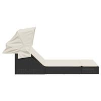 Ligbed 2-persoons met luifel en kussens poly rattan zwart - thumbnail