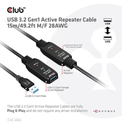 club3D CAC-1406 USB-kabel USB 3.2 Gen1 (USB 3.0 / USB 3.1 Gen1) 15.00 m Zwart club3D CAC-1406 USB-kabel USB 3.2 Gen1 (USB 3.0 / USB 3.1 Gen1) 15.00 m Zwart