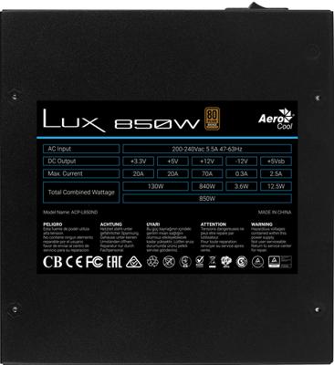 Aerocool LUX 850W power supply unit 20+4 pin ATX Zwart