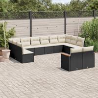 12-delige Loungeset met kussens poly rattan zwart - thumbnail