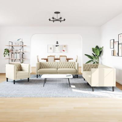 3-delige Loungeset Chesterfield-stijl kunstleer crèmekleurig - thumbnail