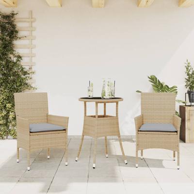 3-delige Tuinset met kussens poly rattan en glas beige - thumbnail