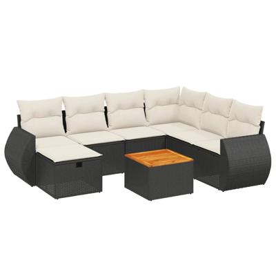 8-delige Loungeset met kussens poly rattan zwart
