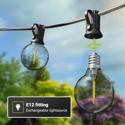 Solar Lichtsnoer 5m - G40 Filament lampen - 2700K Warm wit - IP44 Waterdicht - 4 Lichtmodi - 300 Lumen - Lichtslinger buiten Solar Lichtsnoer 5m - G40 Filament lampen - 2700K Warm wit - IP44 Waterdicht - 4 Lichtmodi - 300 Lumen - Lichtslinger buiten