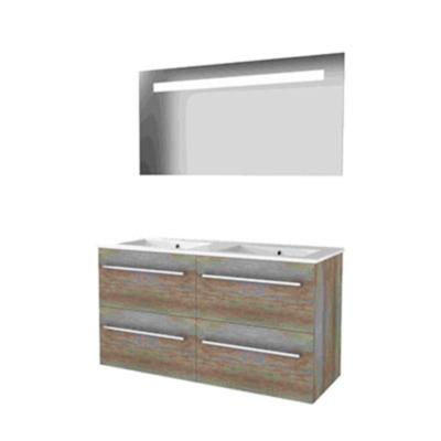 Basic-Line Economic 46 Badkamermeubelset - 120 x 46 cm - Met Grepen - 4 Lades - Keramische Wastafel - 2 Kraangaten - Spiegel met LED Verlichting - Scotch Oak